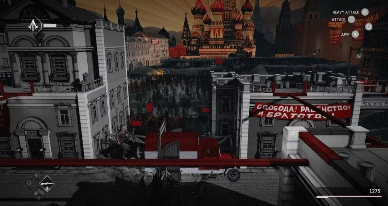 А вот так выглядит Красная площадь в игре - узнаваемые стены справа, вид на Храм Василия Блаженного. 