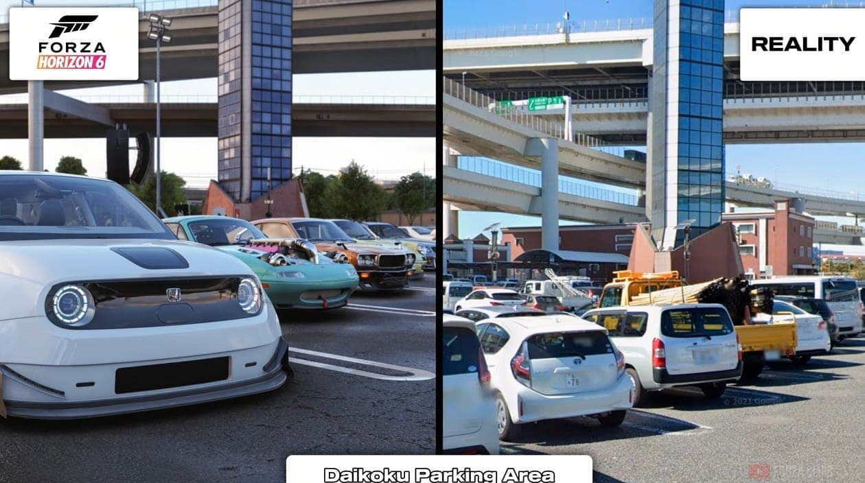 Daikoku PA в игре и в жизни. Источник фото: https://newxboxone.ru/2026/02/razlichnye-lokatsii-iz-forza-horizon-6-sravnili-s-kadrami-realnoy-yaponii.html