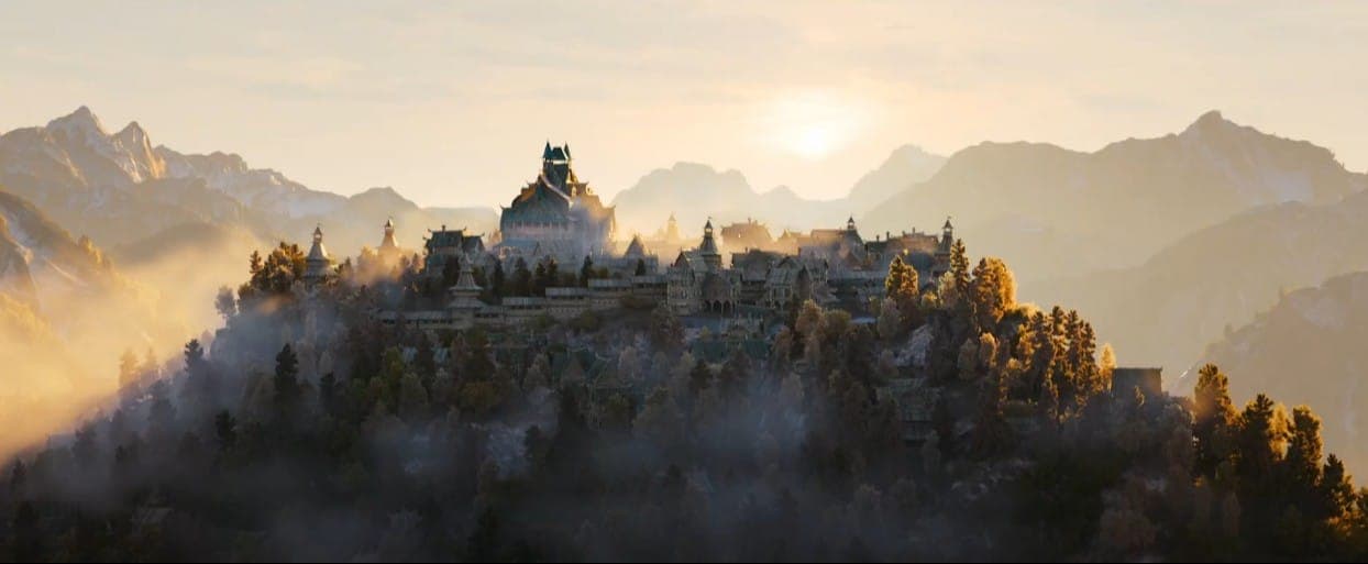 Алтайские вершины в утренней дымке и немного CGI. Кадр из фильма "Последний богатырь. Колобок", 2026, Yellow, Black and White, Россия 1, START