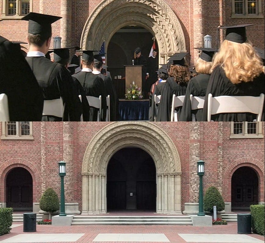 USC в фильме и реальной жизни. Кадр из фильма "Форест Гамп", 1994, The Tisch Company, Paramount Pictures/Google Maps