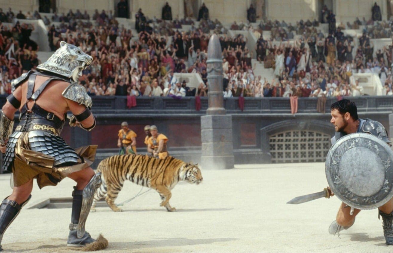 Тигры реальные и снимались под чутким руководством дрессировщика. Кадр из фильма "Гладиатор". Scott Free Productions, Red Wagon Entertainment, 2000