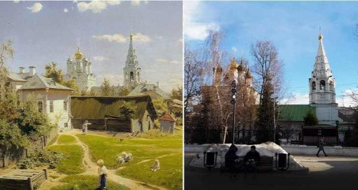 На месте московского дворика с картины теперь Композиторская улица. Зато колокольня стоит на том же месте. Источник фото: moskvichmag.ru