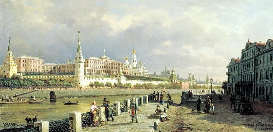 Петр Верещагин. «Вид на Кремль от Софийской набережной», 1879 год. Масло, холст,  53,2 × 105,8 см. Ярославский художественный музей.