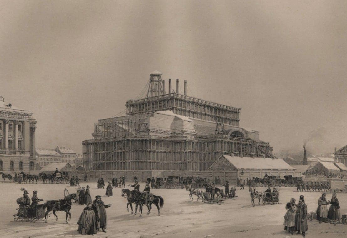 А вот так выглядело строительство Исаакиевского собора (около 1838 г. ). Гравюра с рис.Монферрана, около 1845 г. 