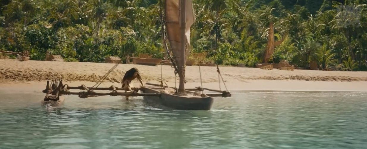 Моана отплывает от родной деревне на каноэ. Кадр из фильма "Моана", 2026, Walt Disney Pictures Seven Bucks Productions